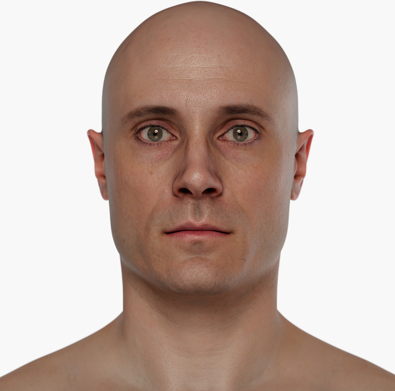 High-resolution head scan render of a broad-shouldered male 3D model with detailed skin surface